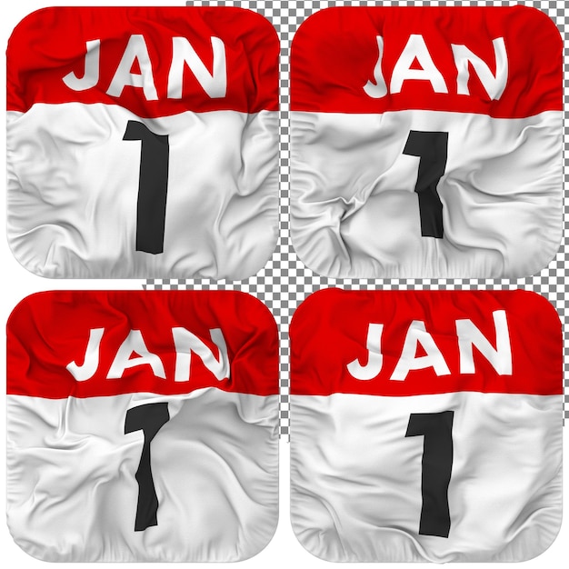 One 1 january date calendar icon isolated four waving style bump texture 3d rendering