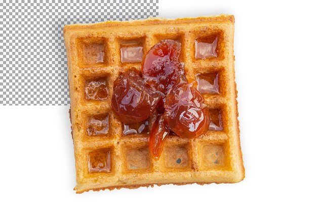 One Belgian waffle with apple jam isolated on transparent background