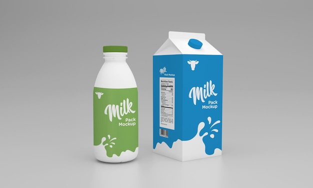 One liter milk pack and bottle packaging packet design mockup