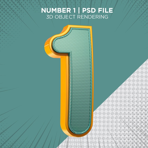 One number 1 3d rendering yellow with green color