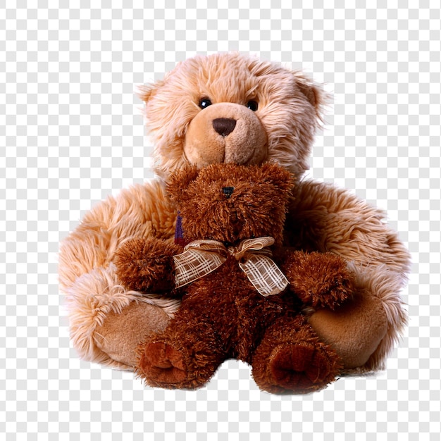 One teddy bear hugs another isolated on transparent background