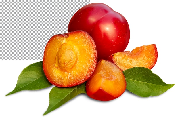 One whole plum plum halves and green leaves isolated on transparent background