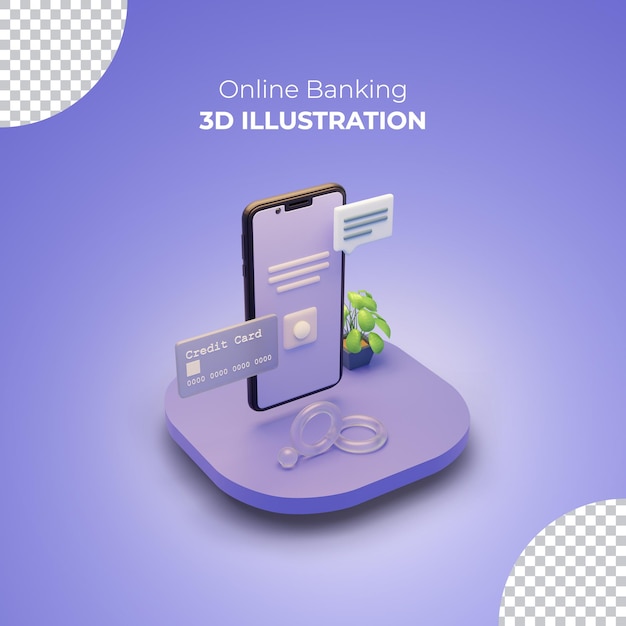 PSD online banking 3d rendering concept with mobile phone and credit card