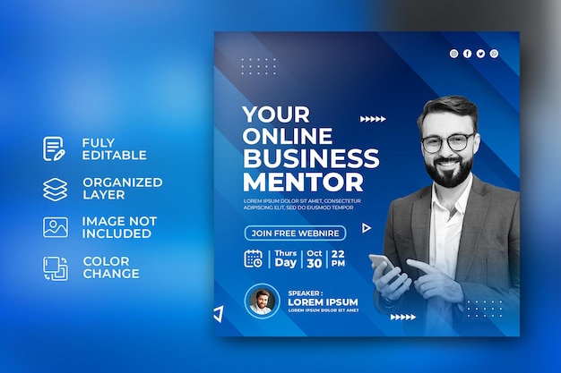 PSD online business mentor corporate social media promotion post template in abstract blue background