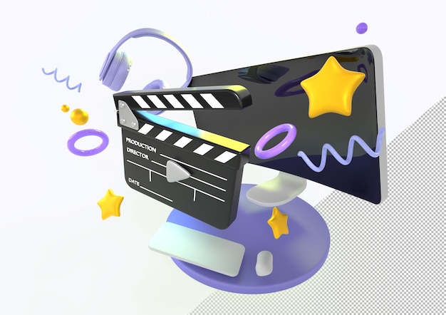 Мультипликационный баннер онлайн-кинотеатра Потоковое видеосервис для просмотра фильмов с компьютерными хлопушками, наушниками, спиралями, звездами, сферами и кольцами на белом фоне, угол обзора