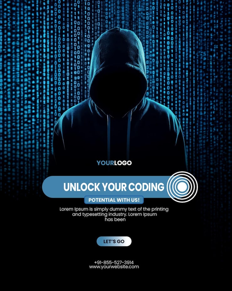 PSD online coding coding workshop poster template with hacker in a dark hoodie surrounded by binary code