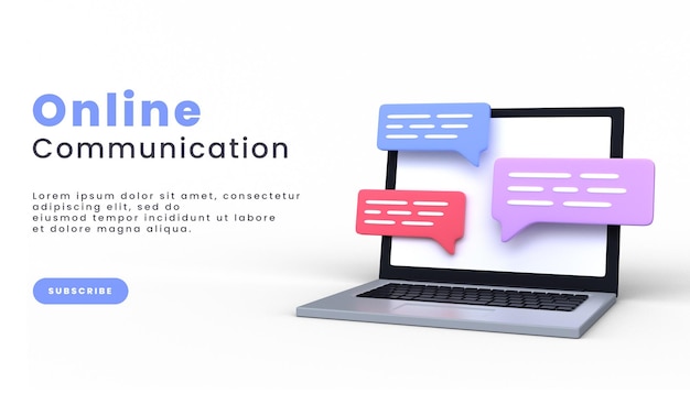 Online communication banner Laptop with chat bubble notifications Internet messaging