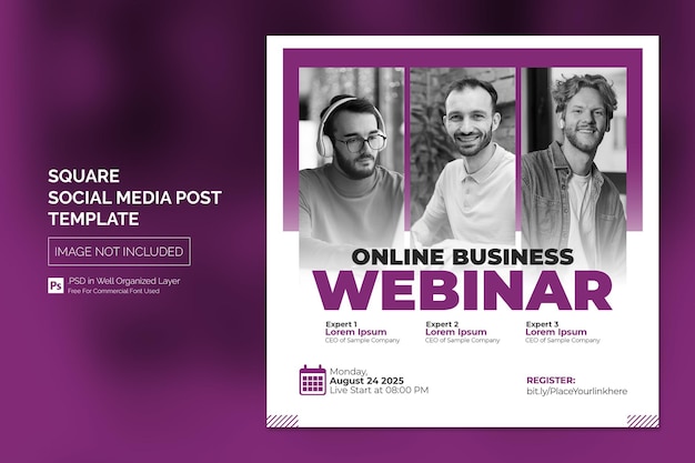 Corso online e webinar dal vivo modello di post sui social media o banner web quadrato