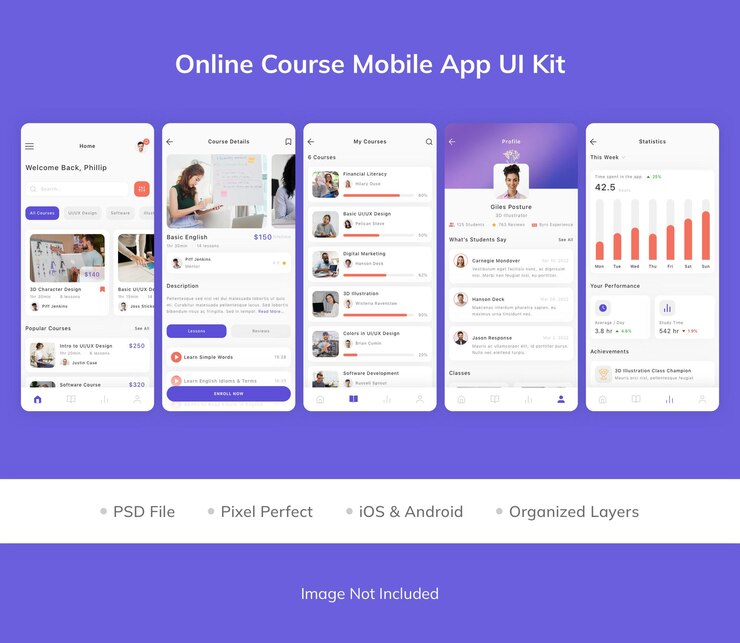 PSD online course mobile app ui kit