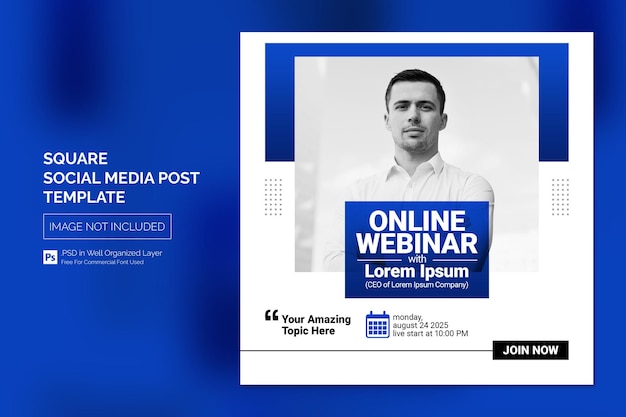 Online course and webinar social media post or square web banner template