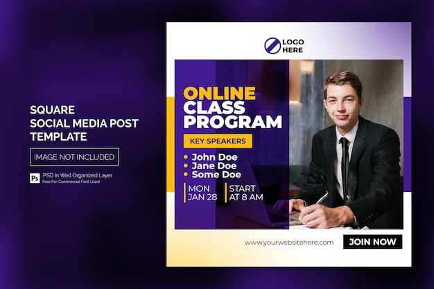 Online course and webinar social media post or square web banner template