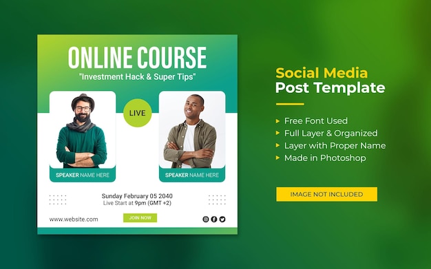 PSD corso online e webinar post sui social media o modello di banner web quadrato