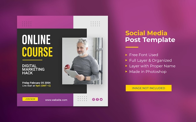 PSD online course and webinar social media post or square web banner template