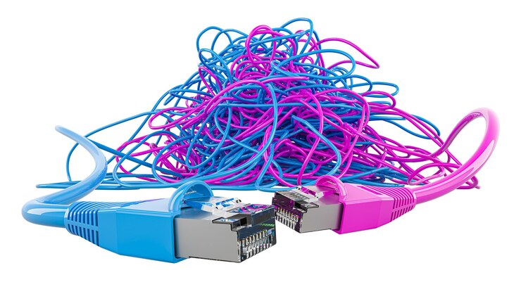 PSD online dating concept pink and blue lan cables in tangled skein 3d rendering isolated on transparent background