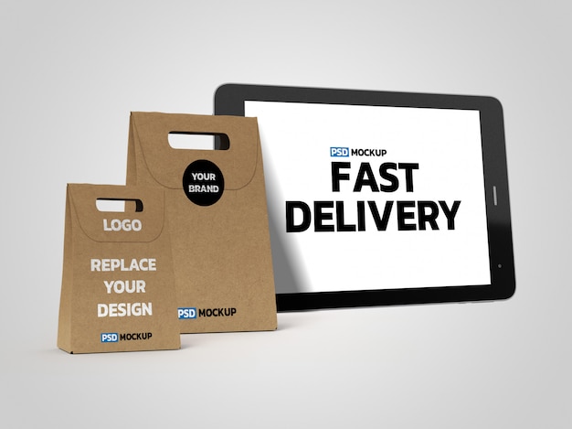 Online delivery boxes mockup with tablet