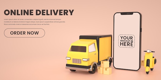 PSD servizio di consegna online o e-commerce con scooter e camion su app mockup per telefono cellulare