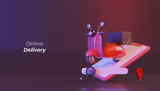 Negozio di consegna online rosso scooter e telefono illustrazione 3d rendering