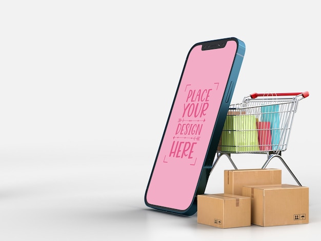 Online delivery with smartphone mockup template with delivery package