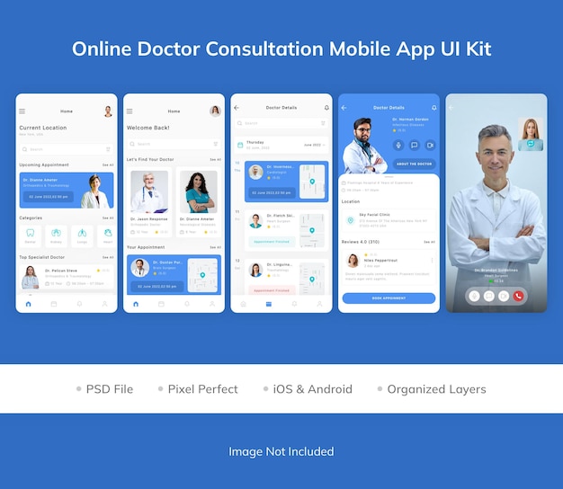 PSD online doctor consultation mobile app ui kit