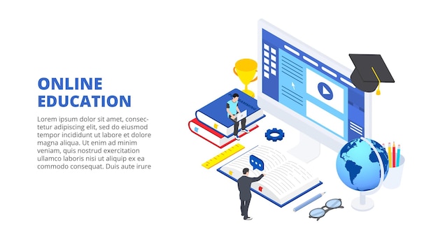 PSD online education design concept with computer books and people isometric illustration