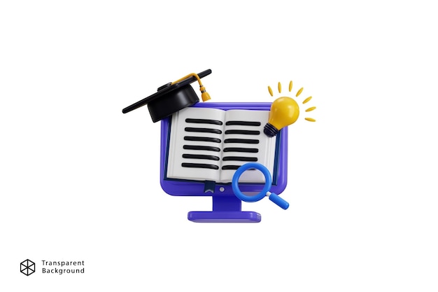 Online education icon concept in 3d realistic style with book monitor graduation cap and idea bulb