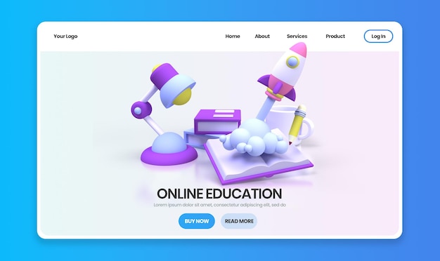 PSD online education with rocket launches illustration landing page template for business idea concept background