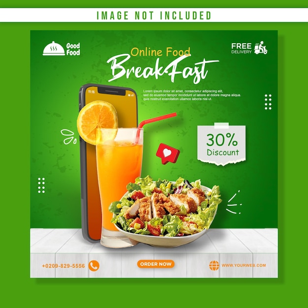 Online food breakfast promotion with mobile social media post square banner template