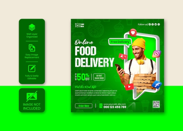 PSD online food sale delivery social media instagram post banner template