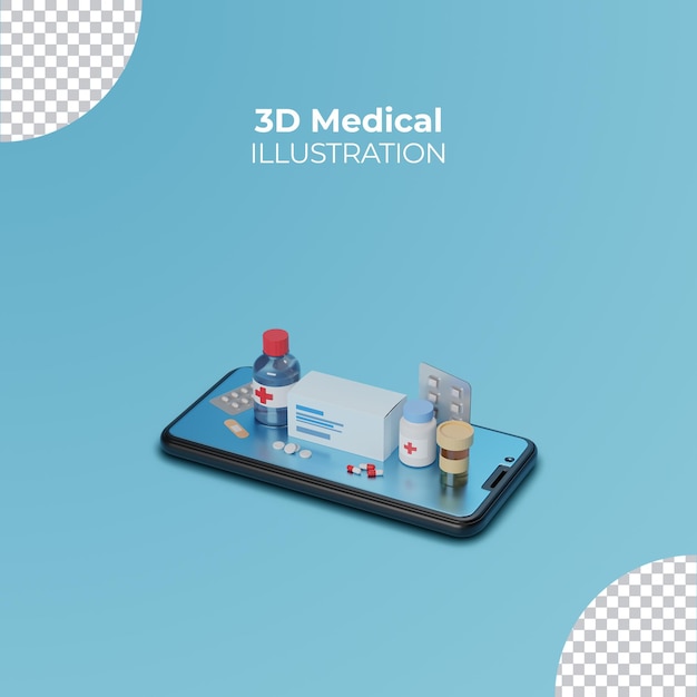 Online gezondheidszorg en medische apotheek 3d concept op smartphone