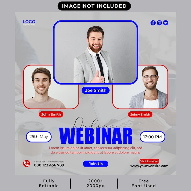 PSD オンライン ライブ ウェビナーのソーシャル メディアの投稿または正方形の web バナー テンプレート