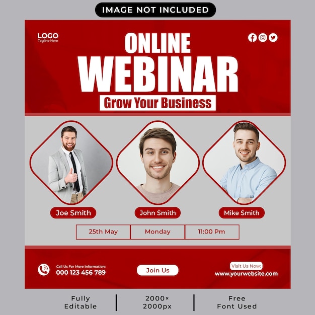 Online live webinar social media post or square web banner template