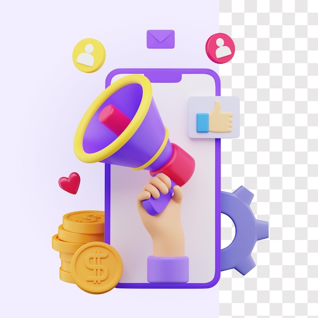 PSD illustrazione 3d della gestione del marketing online