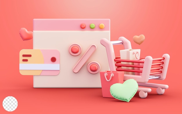 Online marketing shopping cart and bag payment card discount percent with heart 3d illustration