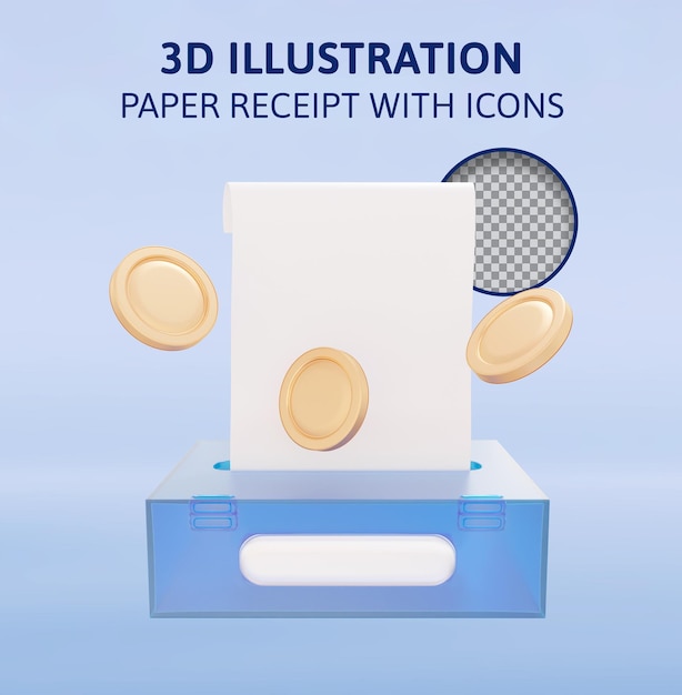 Online payment paper receipt with icons 3d rendering illustration