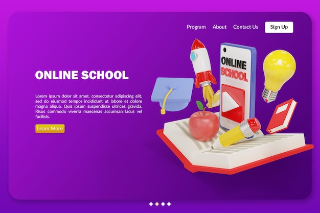 Online school illustratie met 3d-rendering object mockup