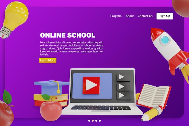 PSD online school illustration with 3d rendering object mockup