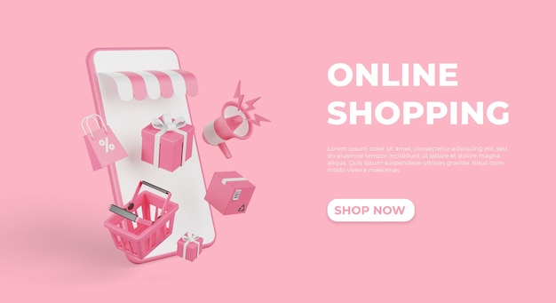 PSD modello banner negozio online con scatola portamagazzino regalo