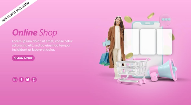 Online shop banner with 3d illustration