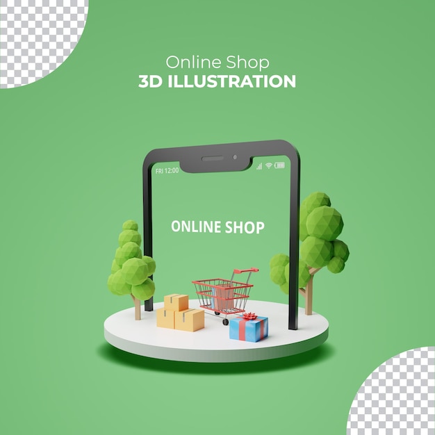 Online shop illustratie 3d-rendering geschenkdoos en kar op de blauwe achtergrond