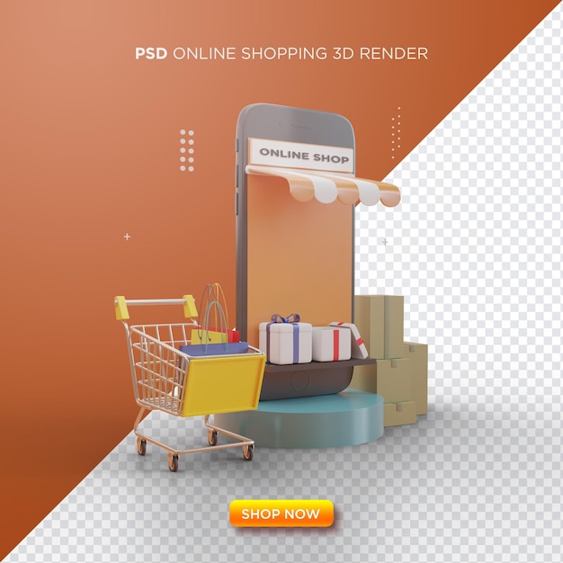 Online shopping 3d render with black smartphone and shopping cart