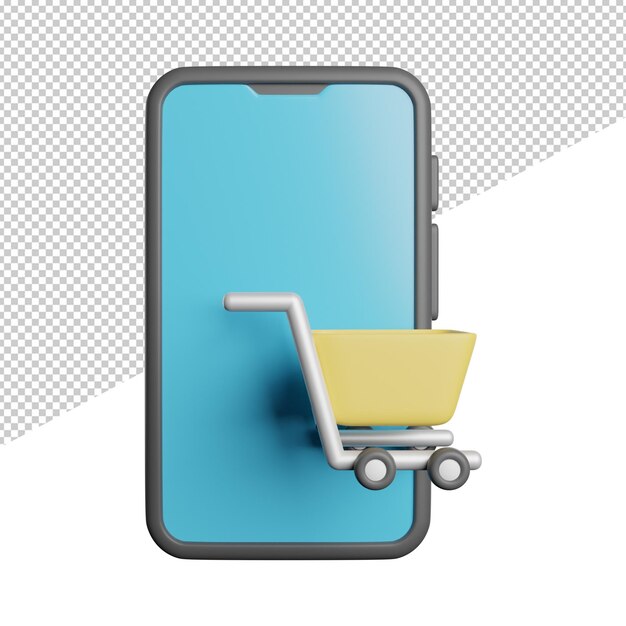 PSD app per lo shopping online un telefono blu e grigio con sopra un carrello della spesa