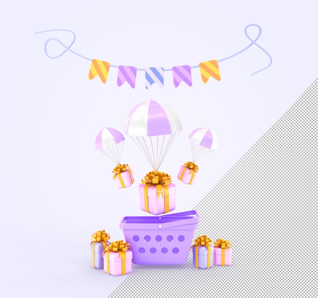 Online shopping basket and flying parachutes with wrapped gift boxes and color garland Festive promotion with presents for customer surprise for client free delivery service sale 3D illustration