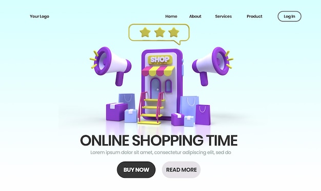 PSD online shopping concept illustration landing page template for business idea concept background