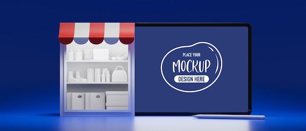 PSD online shopping concept stock shelves and tablet with mockup