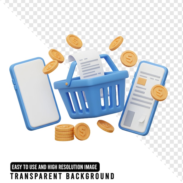 online shopping concept with basket smartphone coins and receipt