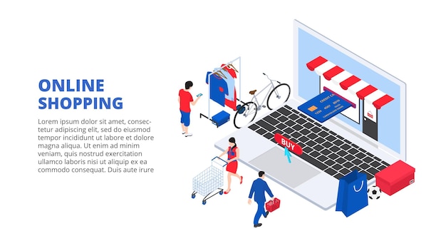 사람과 노트북 아이소메트릭 그림을 사용한 온라인 쇼핑 디자인 컨셉