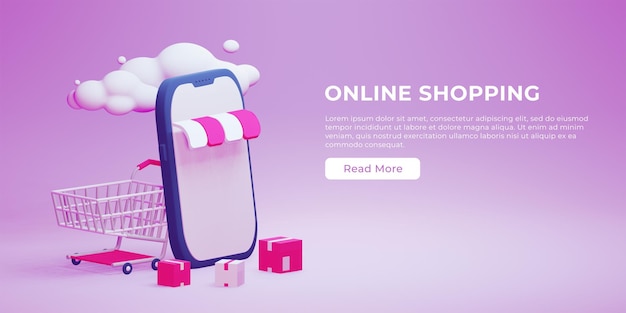 Online shopping landing page website concept with a 3d mobile phone, parcel, and trolley cart