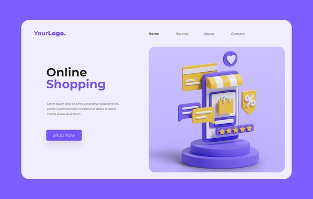 PSD online shopping landing page with 3d illustration