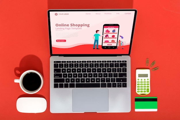 PSD online shopping on laptop with coffee beside