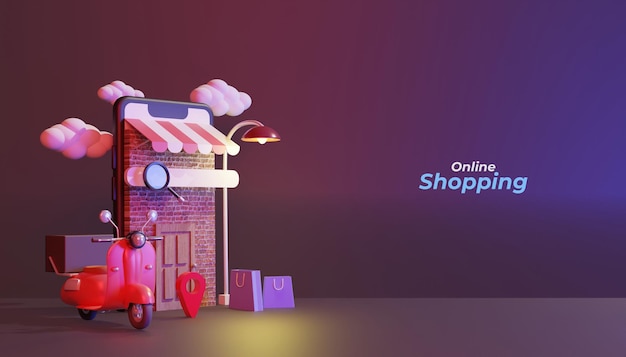 Online shopping on mobile illustration with scooter 3d render on night